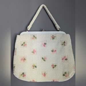1960 lumared petite bead beaded bag with embroidered florals made in the US